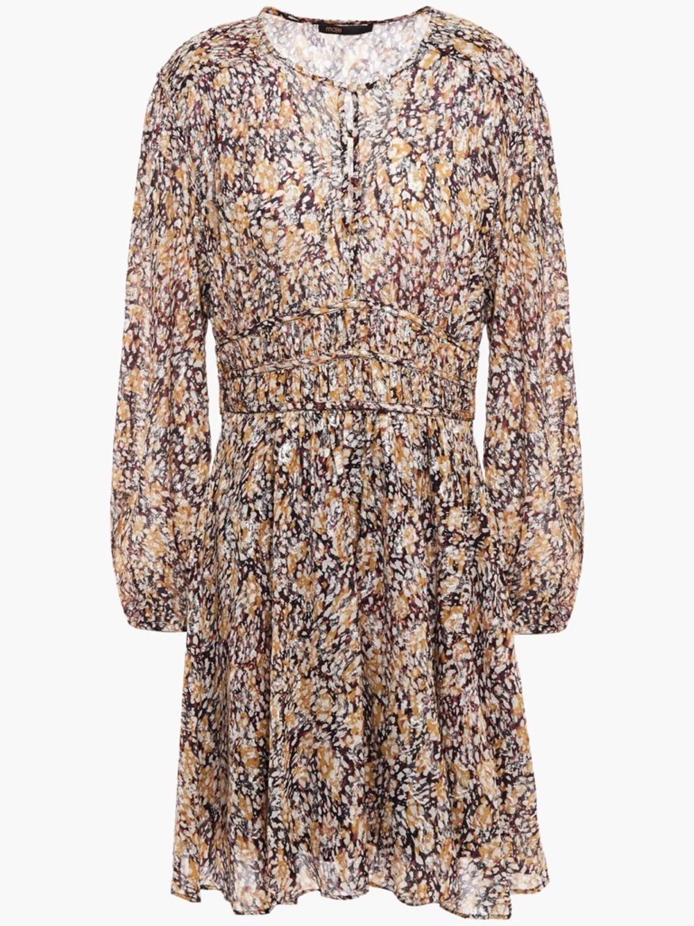 Maje Metallic Fil Coupé Floral Dress FR 40 US 8 Boho Long Sleeve Gathered Waist